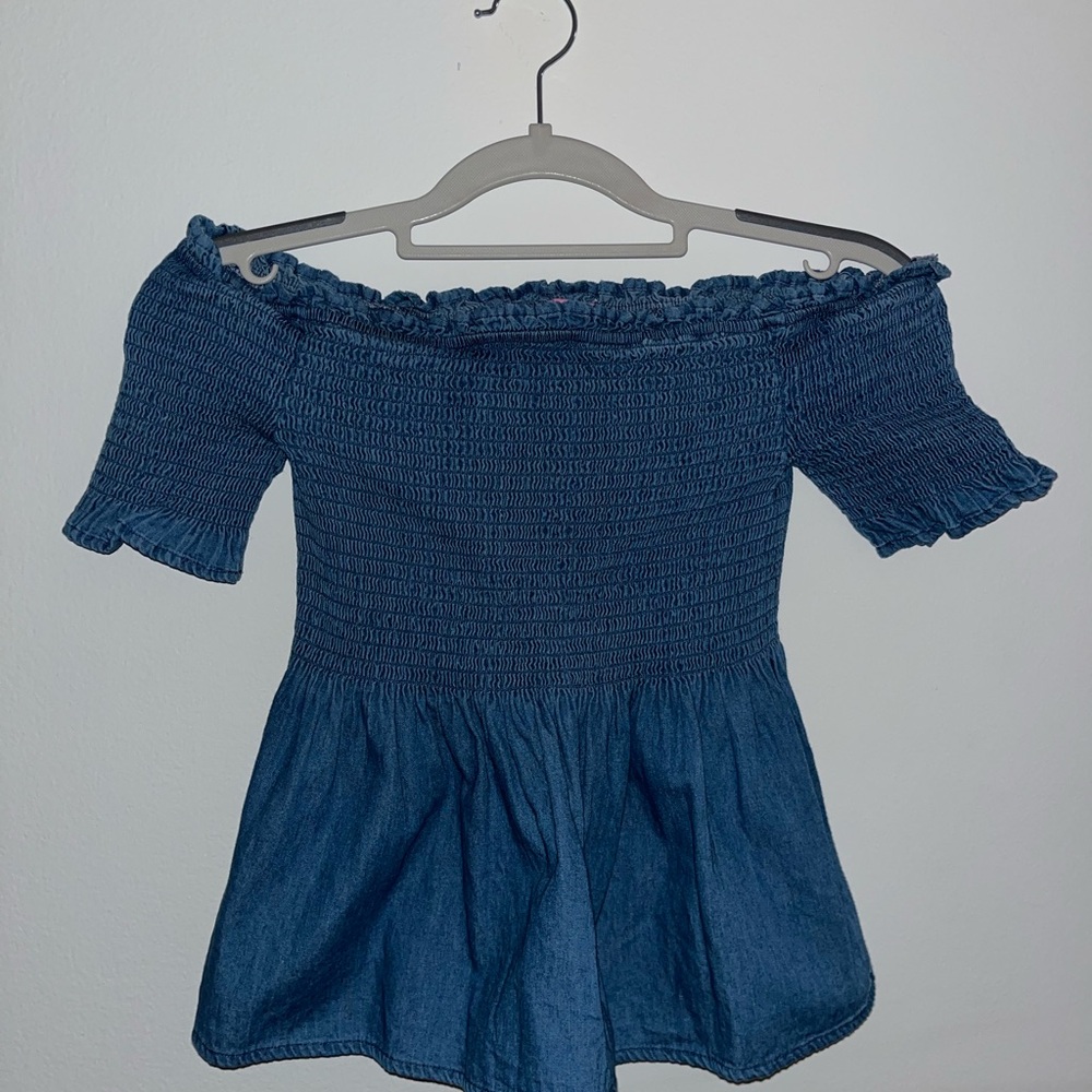 Smocked Off-Shoulder Denim Peplum Top - Blue